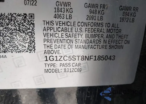 2022 Chevrolet Malibu Ls из США, поврежденный, VIN 1G1ZC5ST8NF185043